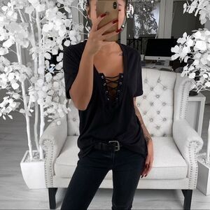 Ekattire Brielle Black Lace Up V-Neck Short Sleeve T-Shirt Top — in Black